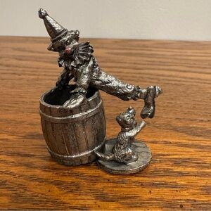 Vintage Pewter 2" Clown in Barrel and Dog Figure Figurine Miniature Heavy Mini